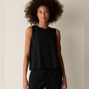 Eileen Fisher Silk Georgette Crepe Round Neck Tank - Black, 100%, MP